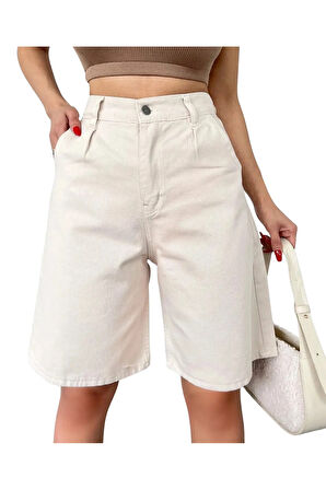 Rahat Kesim Denim Şort Cepli-Krem