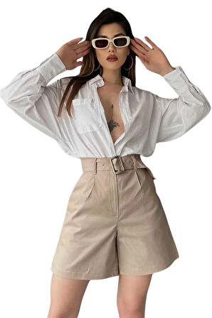 Rahat Kesim Kemerli Mom Şort - Krem