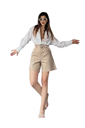 Rahat Kesim Kemerli Mom Şort - Krem