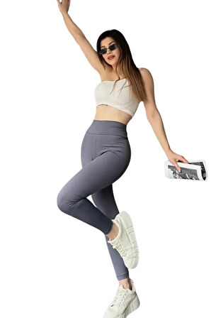 Yüksek Bel Şardonlu Tayt -Gri