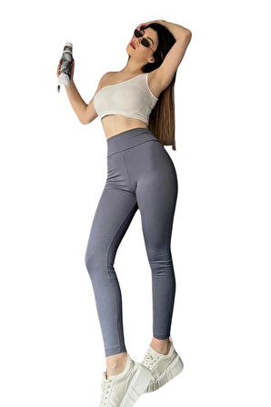 Yüksek Bel Şardonlu Tayt -Gri