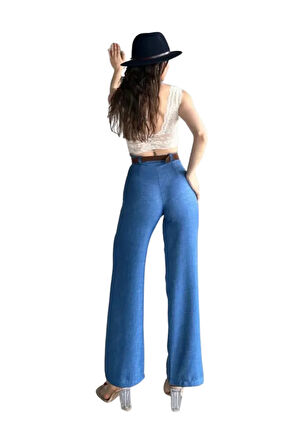 Kemerli Keten Pantolon -Mavi