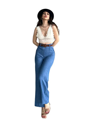 Kemerli Keten Pantolon -Mavi