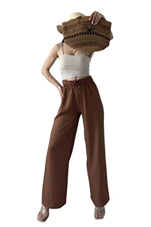 Yüksek Bel Beli Büzgülü Pantolon -Kahverengi