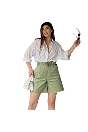 Rahat Kesim Kemerli Mom Şort - Haki