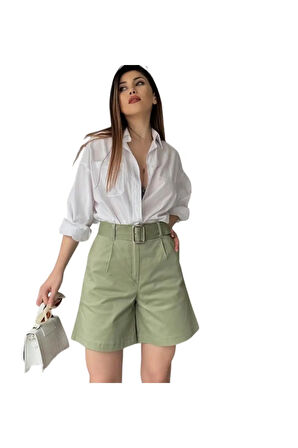 Rahat Kesim Kemerli Mom Şort - Haki