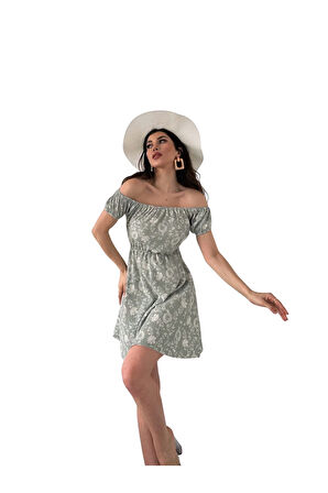 Madonna Yaka Desenli Elbise-Yeşil