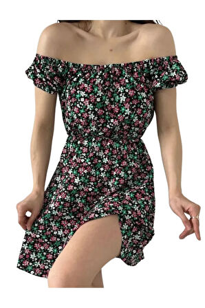 Madonna Yaka Çiçek Desenli Elbise