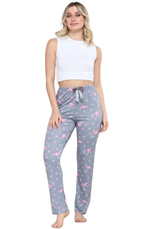Pijama Altı Modal Ring Viskon Kumaş Kalp Desenli-Gri