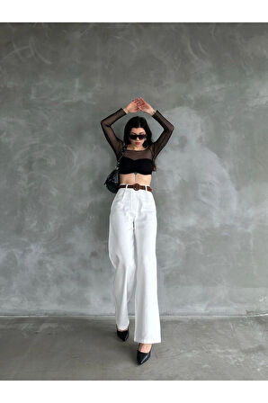 Beli Kemerli Pantolon - Beyaz