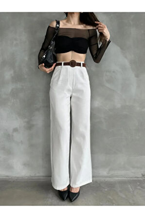 Beli Kemerli Pantolon - Beyaz