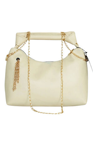 Zincir Askılı Deri Çanta-Krem