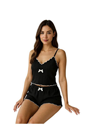 Kurdele Detaylı Şortlu Siyah Pijama Takımı