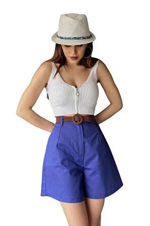 Rahat Kalıp Kemerli Mom Şort - Mavi