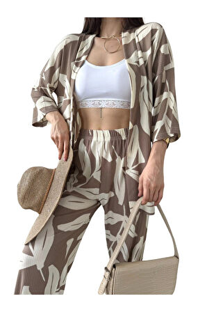 Alt Üst Takım Kimono- Desenli-Kahverengi