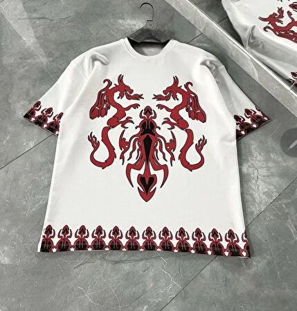 melfxxl Unisex Bisiklet Yaka Baskılı Oversize T-Shirt - Beyaz
