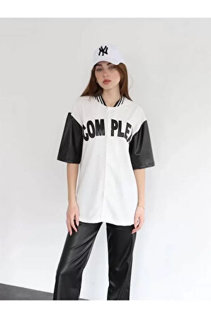 melfxxl Complex Kolları Deri Kolej Oversize T-shirt - Beyaz