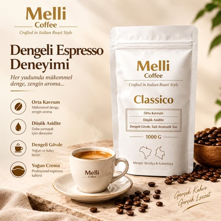 Melli Coffee Classico Çekirdek Kahve 1 kg Orta Kavrum Espresso