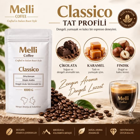 Melli Coffee Classico Çekirdek Kahve 1 kg Orta Kavrum Espresso