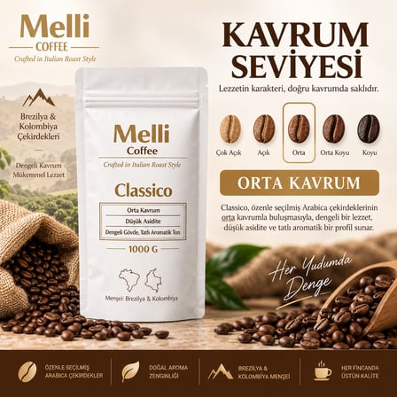 Melli Coffee Classico Çekirdek Kahve 1 kg Orta Kavrum Espresso