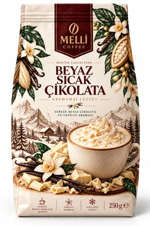 Melli Coffee Beyaz Sıcak Çikolata 250 g – Kremamsı Sıcak İçecek Karışımı – Winter Collection