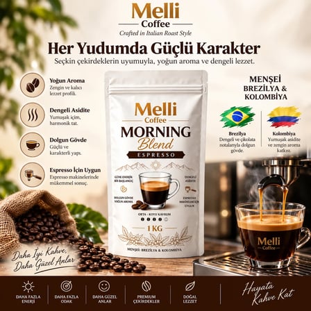 Melli Coffee Morning Blend Espresso Çekirdek Kahve 1 KG Orta-Koyu Kavrum Brezilya & Kolombiya