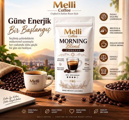 Melli Coffee Morning Blend Espresso Çekirdek Kahve 1 KG Orta-Koyu Kavrum Brezilya & Kolombiya