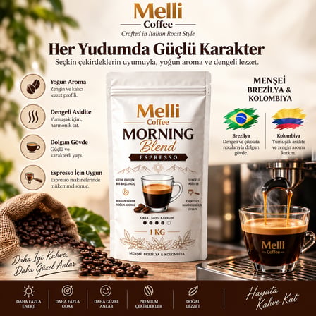 Melli Coffee Morning Blend Espresso Çekirdek Kahve 1 KG Orta-Koyu Kavrum Brezilya & Kolombiya