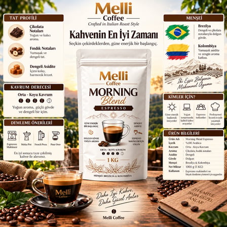 Melli Coffee Morning Blend Espresso Çekirdek Kahve 1 KG Orta-Koyu Kavrum Brezilya & Kolombiya