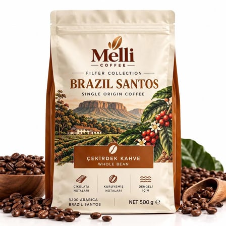 Melli Coffee Brazil Santos Filtre Kahve 500 g – Brezilya Single Origin, Dengeli İçim (Çekirdek)