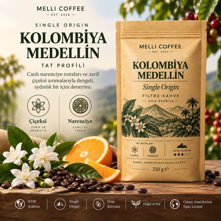 Melli Coffee Kolombiya Medellín Single Origin Filtre Kahve 250 g – Orta Kavrum – Çiçeksi & Narenciye Notaları