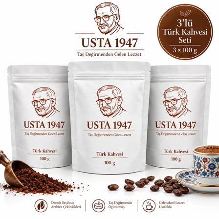 USTA 1947 Taş Değirmenden Türk Kahvesi 3'lü Set (100 Gr * 3 Adet)