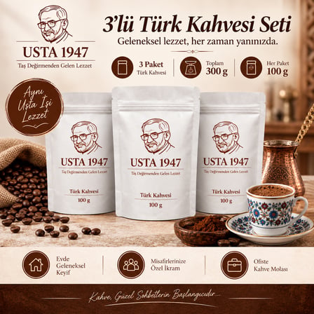 USTA 1947 Taş Değirmenden Türk Kahvesi 3'lü Set (100 Gr * 3 Adet)