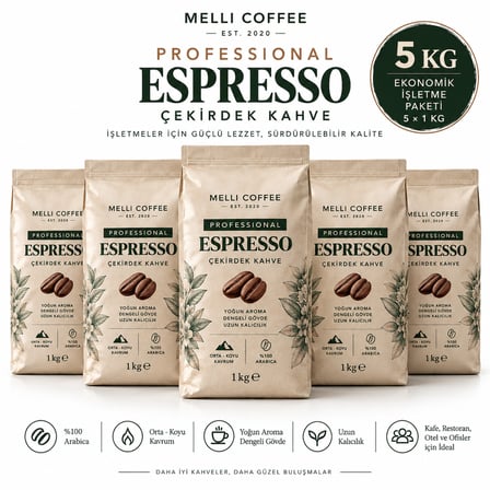 Melli Coffee Professional Espresso Çekirdek Kahve 5 kg (5 x 1 kg) – Ekonomik İşletme Paketi