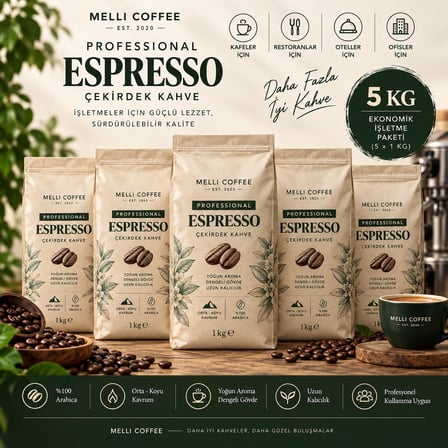 Melli Coffee Professional Espresso Çekirdek Kahve 5 kg (5 x 1 kg) – Ekonomik İşletme Paketi