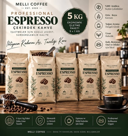 Melli Coffee Professional Espresso Çekirdek Kahve 5 kg (5 x 1 kg) – Ekonomik İşletme Paketi