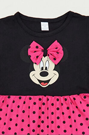 Siyah-Fuşya Kız Çocuk Minnie Mouse Baskılı  Elbise-mmrskçe