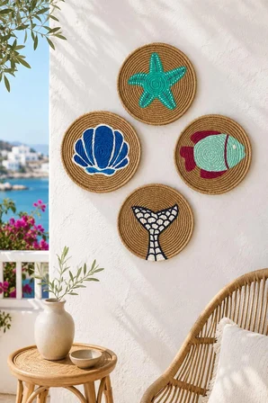 Momiko Alaçatı Still Deniz Canlıları 4lü Hasır Duvağı Seti