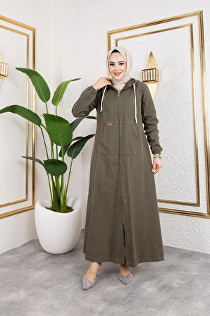 Kadın Fermuarlı Kapüşonlu Pamuk Gabardin Kap