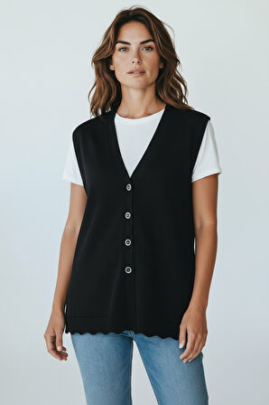 KADIN ÖNÜ DÜĞMELİ CEPLİ KALIN KIŞLIK KISA YELEK