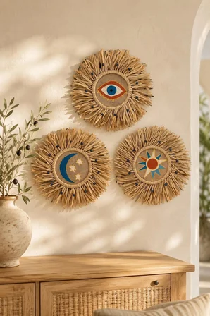 The Celestial Trilogy , Sun • Moon • Eye , Gökyüzü 3'lü El yapımı Hasır Duvar Dekoru 35 cm