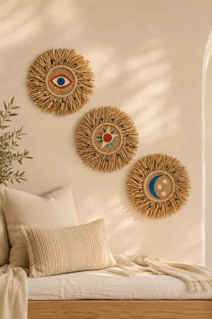 The Celestial Trilogy , Sun • Moon • Eye , Gökyüzü 3'lü El yapımı Hasır Duvar Dekoru 35 cm