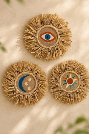The Celestial Trilogy , Sun • Moon • Eye , Gökyüzü 3'lü El yapımı Hasır Duvar Dekoru 35 cm