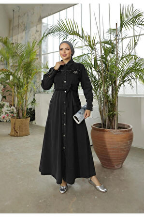 Kadın Boncuk İşlemeli Düğmeli Kot Elbise