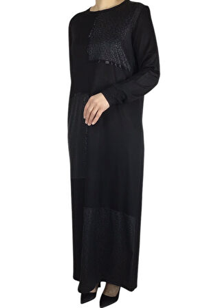 KADIN ÖNÜ DERİ DETAYLI UZUN ELBİSE