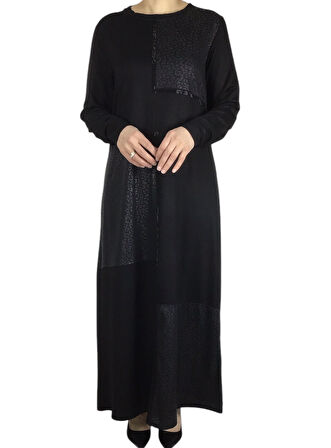 KADIN ÖNÜ DERİ DETAYLI UZUN ELBİSE