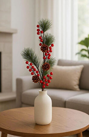 Yapay Çiçek Kokina ve Çam Dalı Uzun Dal Kozalaklı 75cm Yılbaşı Çiçeği (1 adet)