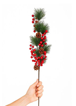 Yapay Çiçek Kokina ve Çam Dalı Uzun Dal Kozalaklı 75cm Yılbaşı Çiçeği (1 adet)