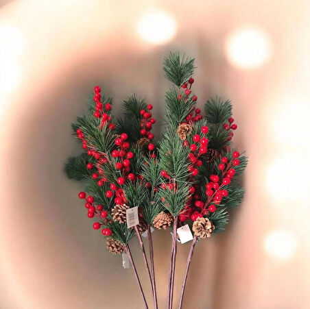 Yapay Çiçek Kokina ve Çam Dalı Uzun Dal Kozalaklı 75cm Yılbaşı Çiçeği (1 adet)