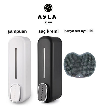 Ayla Stand Siyah ve Beyaz 300 ml Duvara Monte Sıvı Sabun Dispenseri + Banyo Sırt ve Ayak Lifi Seti